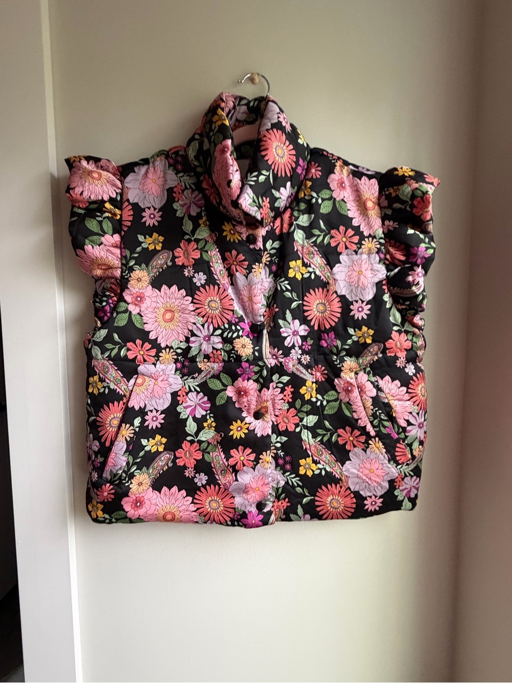Floral Quilted Puff Vest in Pink & Black